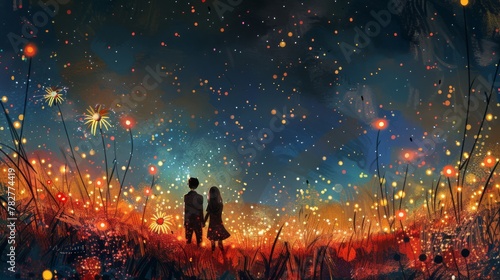 Magical Moments: Illustrate a whimsical scene of a couple stargazing in a meadow filled with glowing fireflies