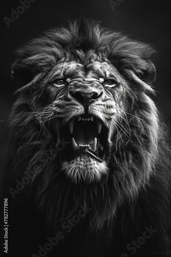 King of the Jungle, Majestic black and white lion roaring in the wild.