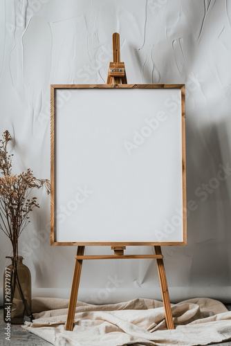 Blank Canvas, Empty canvas on an easel against a textured wall with dried flowers in a vase.
