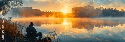 Angler Enjoying Solitary Fishing Moment During Breathtaking Golden Sunrise Over Tranquil Lake