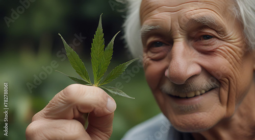 A smiling elderly person holding a fresh cannabis leaf in his hand, with an peaceful and serene look, blurred face in background, leaf focused and detailed, free