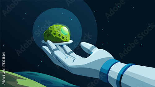 A gloved hand carefully holds a handful of strange greenglowing moss plucked from the surface of a distant moon. Nearby a rover stands ready to