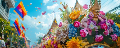 A Songkran parade float adorned with flowers and symbols of Thai culture