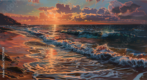 Behold the mesmerizing beauty of a fiery sunset painting the sky with hues of gold and crimson, as waves gently kiss the shore in a rhythmic dance