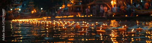The flicker of candlelight on water during a Songkran night ceremony