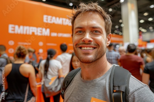 A cheerful man at an event with an orange backdrop smiling at the camera.