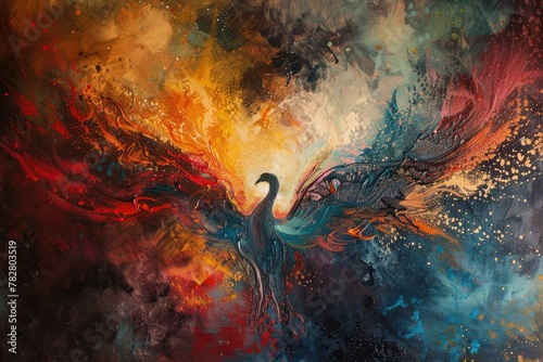 An abstract painting of a phoenix rising embodying renewal