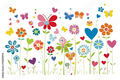 Flower meadow with butterflies, hearts and flowers