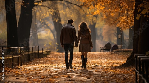 a man and a woman walking down a leaf covered path, redahair and attractive features, boy and girl are the focus, hand holdings, loving stare, appeasing, endings, lovers