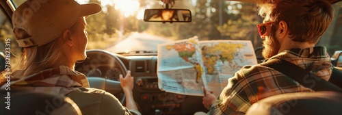 Adventurous Friends Embarking on a Captivating Road Trip with Maps and Snacks at the Ready for an Unforgettable Journey of Discovery and