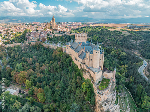 Aerial view of the Alcazar de Segovia, a castle in Spain.