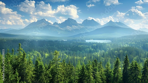 Vibrant early autumn high tatra lake mountain sunrise and pine forest in nature landscape