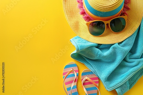 Sunny beach items - shades, beach towel, sandals and a striped cap. Preparing for summer.
