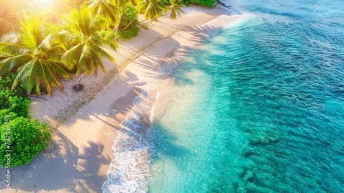 Tranquil maldives island beach aerial view with palm trees, luxury resort in tropical landscape