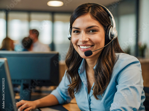 friendly and helpful customer service agent wearing a headset smiling while looking at the camera