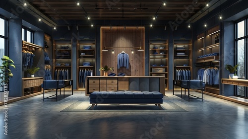 Fashionable clothing store, modern denim display, racks and shelves arrangement, copy space