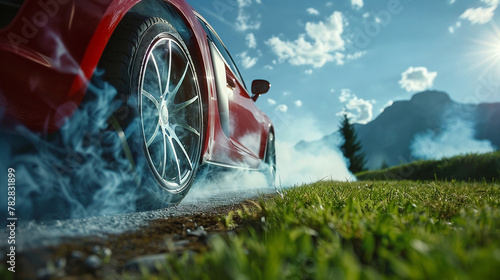 Low angle on clean grass, car wheel drift with smoke on mountain speed track, room for copy