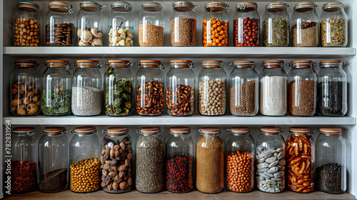 Minimalist pantry with labeled glass jars, grains and pulses organized on white shelves, neat symmetry