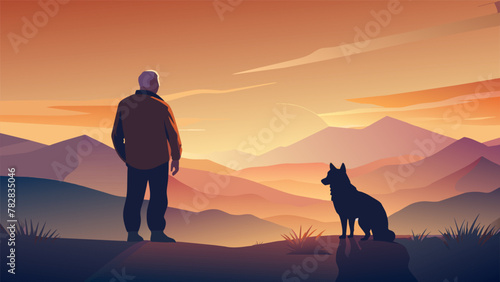 The silhouette of a senior man and his faithful dog against the backdrop of a stunning golden sky showcasing the bond between human and animal