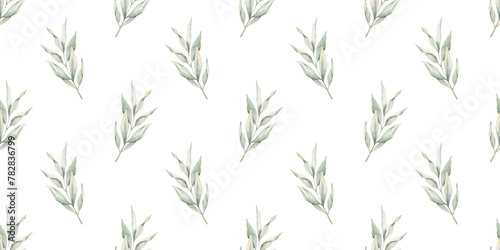 Green branches with leaves. Hand drawn watercolor seamless pattern of Twigs. Summer floral background for wedding design, textiles, wrapping paper, scrapbooking
