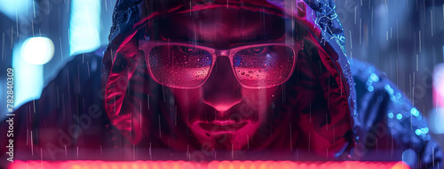 A hacker working in front of a laptop screen with covered face in a neon color dark background 