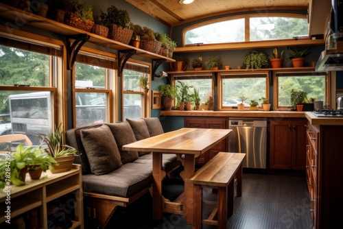 The dining area in a tiny home on wheels with creative decor and functional furniture