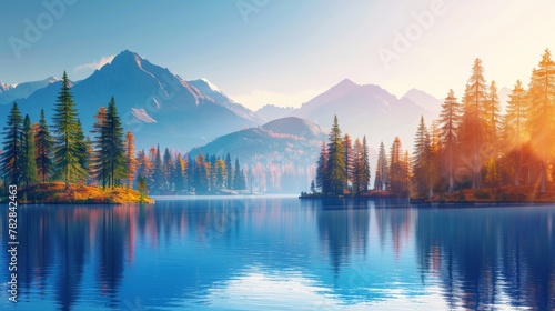 Vivid early autumn high tatra lake, mountain sunrise, pine forest, sky reflection in nature splendor