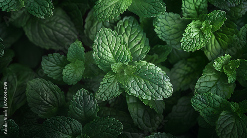Close-up of fresh green mint leaves with water droplets in soft focus background