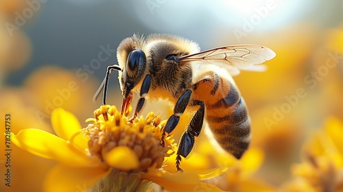 Bee pollinating flowers, symbolizing the essential role of pollinators in agriculture. AI generate illustration