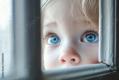 close up image of cute infant or newborn baby face with captivating blue eyes, sitting by a window. Fictional Character Created by Generative AI.