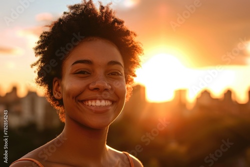 A Smiling Woman Enjoying the Sunset Fictional Character Created by Generative AI.