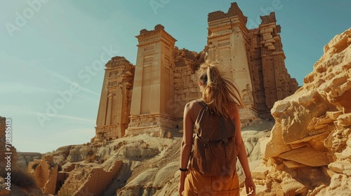 An adventurous traveler explores ancient ruins