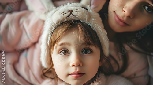 A Young Girl in Pink Earmuffs and a Bunny Hat, Fictional Character Created by Generative AI.