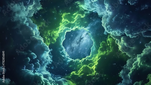 A dramatic fantasy sky where neon green and blue clouds form a vortex in the center,, surrounded by a starry night background. The effect is mesmerizing and intense. 