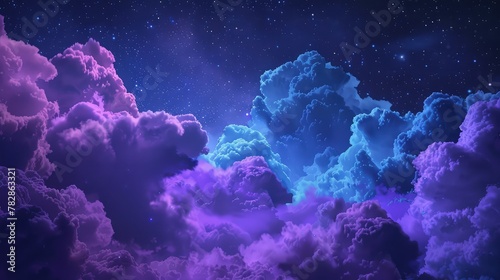 A surreal night sky with clouds in shades of neon purple and blue, creating an almost galactic effect. Stars shimmer in the background, adding depth to the scene. 