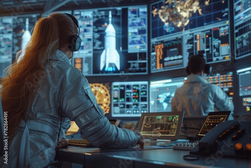 A woman with headphones faces a large control panel with space mission data, intensely focused on her task.