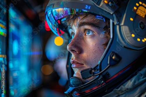 An astronaut in a high-tech helmet intensely observes spacecraft controls.
