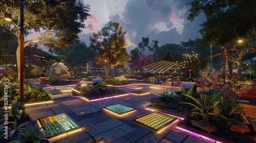  city plaza with interactive, energy-producing walkways, smart lighting, and native plant landscaping. 