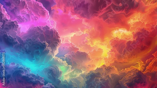 An avant-garde sky with neon clouds in a spectrum of colors, resembling an artist's palette. 
