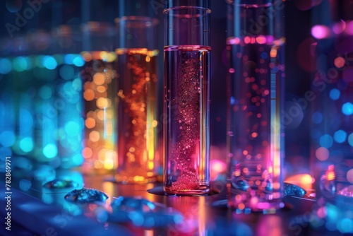 A row of colorful glass vials with a blue background