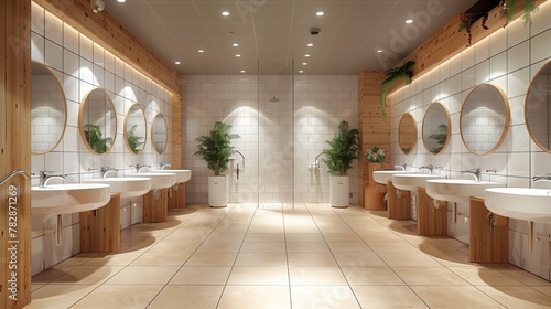 Modern Public Restroom Interior With Wooden Accents and Circular Mirrors