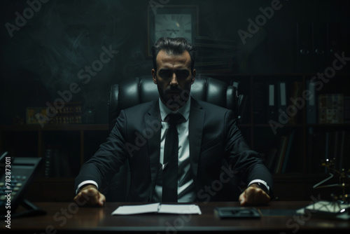 A businessman sitting behind a luxurious desk with a villain look