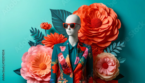 A mannequin with a modern look and flowers.