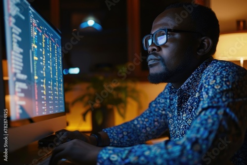 A middle-aged man dressed in a blue floral shirt sitting in front of a computer at night. Fictional Character Created by Generative AI.