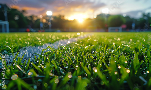 Sunset Splendor on Damp Soccer Field - Dewy Grass Blades with Stadium Lights