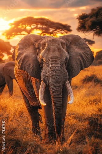 Ecotourism safari, observing elephants, wild, room for text, eyelevel, golden hour, savannah