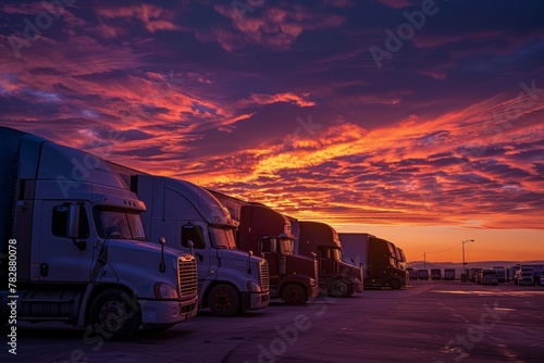 Stunning sunrise over a row of trucks parked at a rest stop