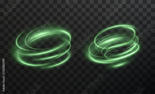 Luminous green podium lines png of speed. Light glowing effect png. Abstract motion lines. Light trail wave, fire path trace line, car lights, optic fiber and incandescence curve twirl 