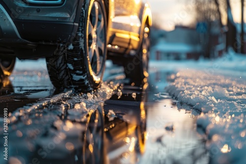Car on an icy road with puddles and melting snow in the spring season.