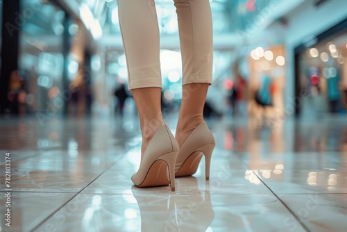 Woman's legs in beige stiletto heels, she is standing on the floor inside shopping mall.